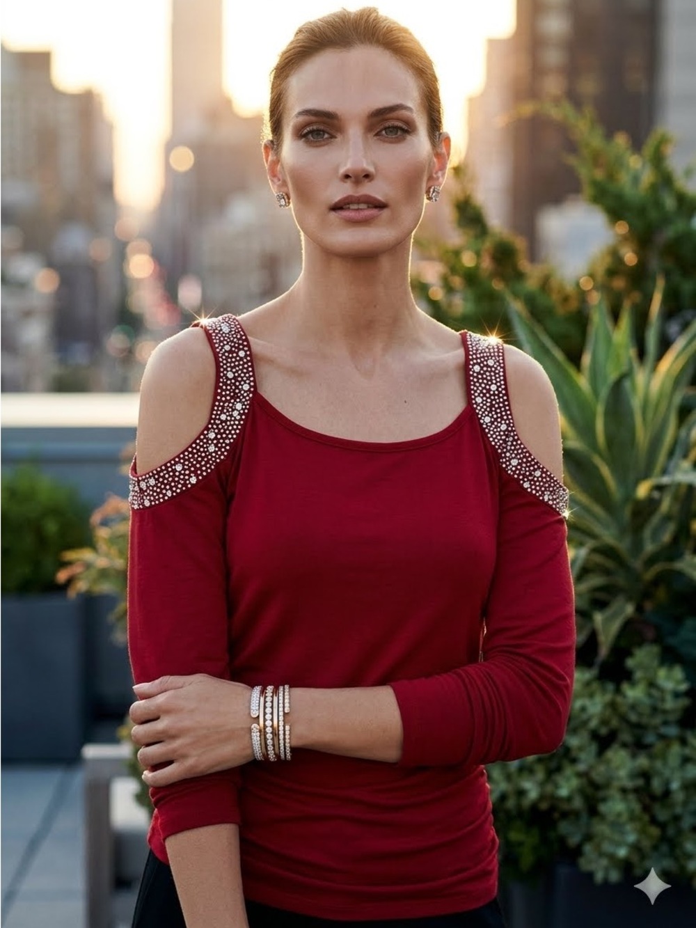Glam Red Cold Shoulder Jeweled Strap Ruched Long Sleeve Tunic Top